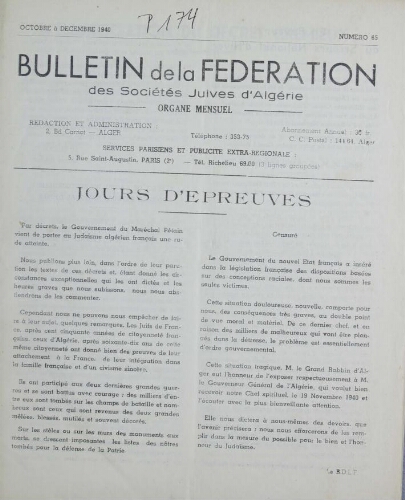 Bulletin de la Fédération des sociétés juives d’Algérie  V°07 N°65 (01/10/1940)